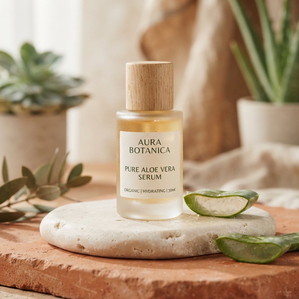 Frosted glass bottle of cold-pressed aloe vera elixir with fresh aloe leaves